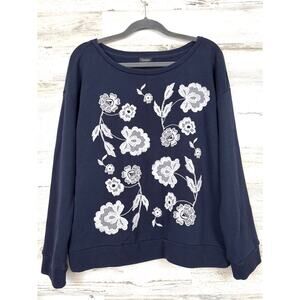 Talbots Womens L Blue White Floral Lace Pullover Sweatshirt Casual Chic